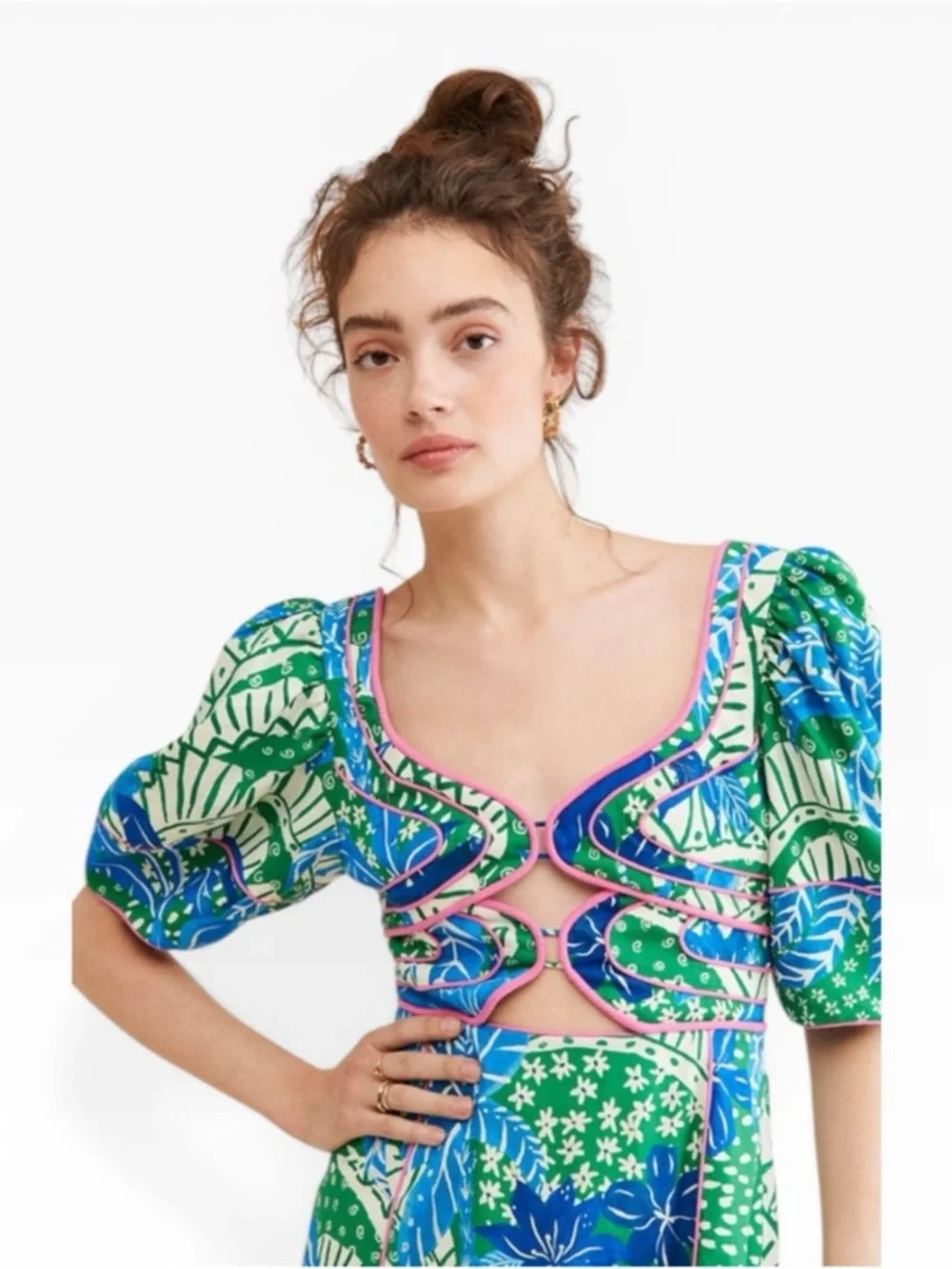Farm Rio Dress Jungle Panther Cutout in Blue Pink Floral - Picture 3 of 7